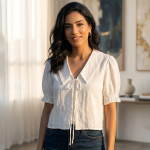 Asprin Fashion Romantic Tie-Front Puff Sleeve Blouse