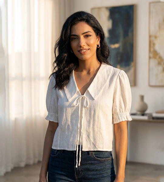 Asprin Fashion Romantic Tie-Front Puff Sleeve Blouse