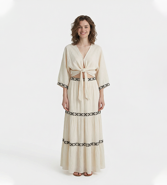 Asprin Fashion Bohemian Two-Piece Set: Tie-Front Crop Top & Tiered Maxi Skirt