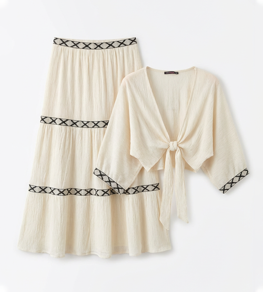 Asprin Fashion Bohemian Two-Piece Set: Tie-Front Crop Top & Tiered Maxi Skirt